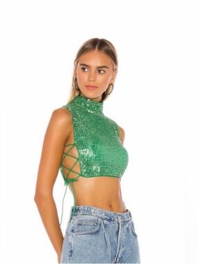 REVOLVE Green Sequin High-Neck Lace-Up Crop Top
